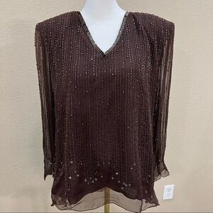Vtg 90s Miss Morgan Silk Beaded Sequin Evening Party Formal Blouse Top Sz L EUC